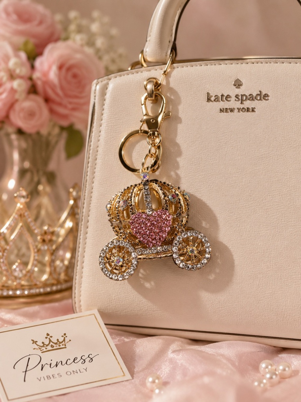 Gold & Pink Crown Carriage Crystal Keychain Bag Charm 3D